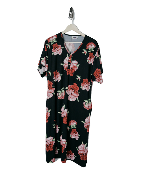 Black LG Pink Floral 24/7 House Dress from Undercover Mama for Pregnancy, Breastfeeding and Everyday.