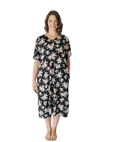 Black Mini Floral 24/7 House Dress from Undercover Mama for Pregnancy, Breastfeeding and Everyday.