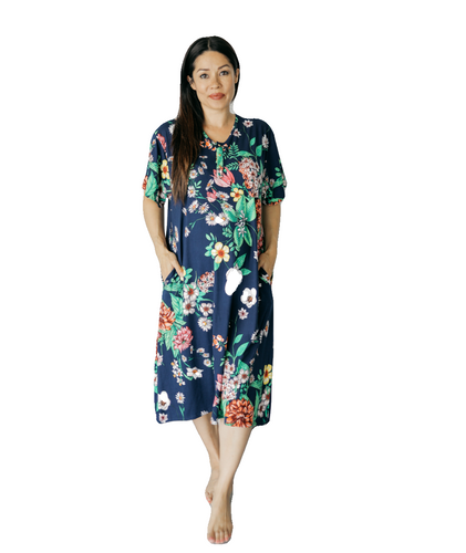 Navy Bright Floral (luxe) 24/7 House Dress from Undercover Mama for Pregnancy, Breastfeeding and Everyday.