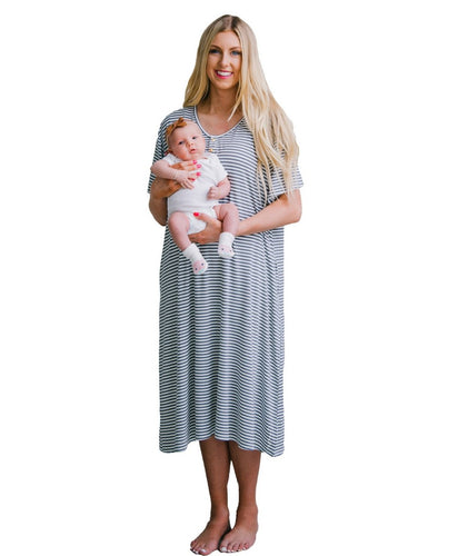 StripedGrey/White 24/7 House Dress from Undercover Mama for Pregnancy, Breastfeeding and Everyday.
