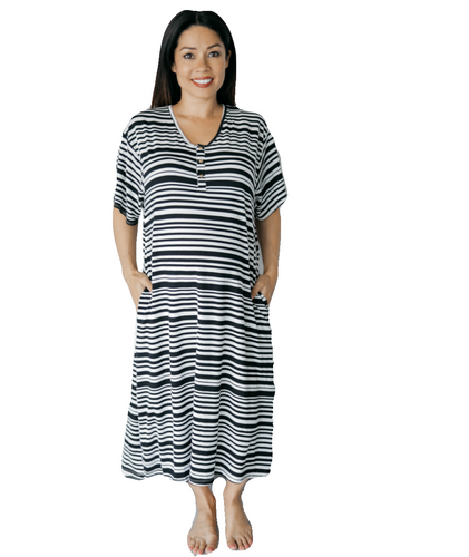 White Black Vary Stripe 24/7 House Dress from Undercover Mama for Pregnancy, Breastfeeding and Everyday.